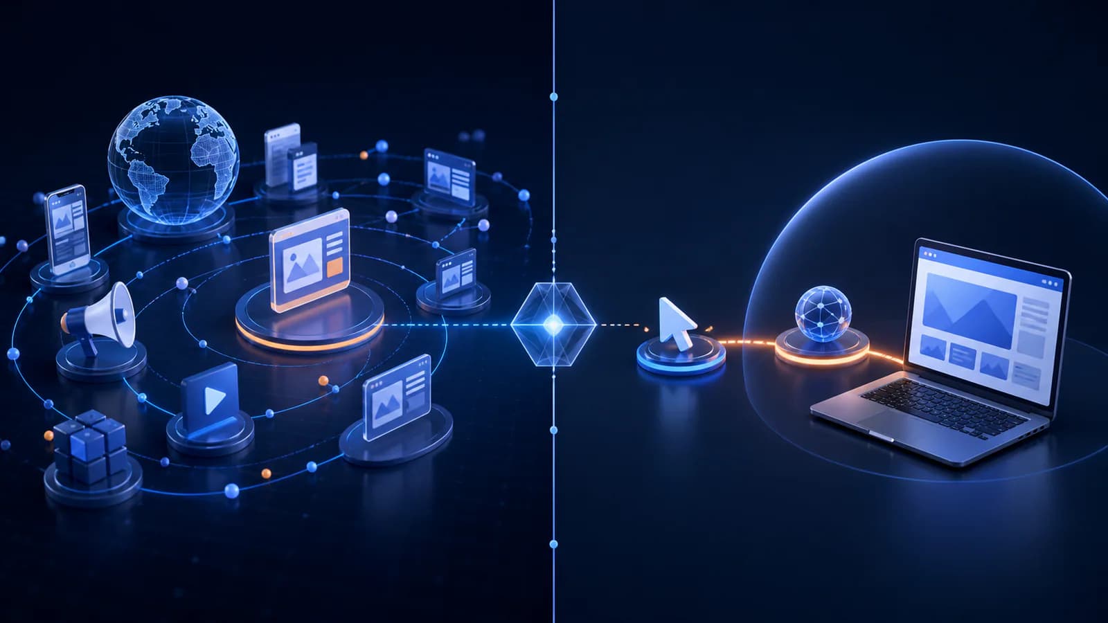 A broad advertising ecosystem and a focused click-to-website journey shown as related but distinct evidence scopes.