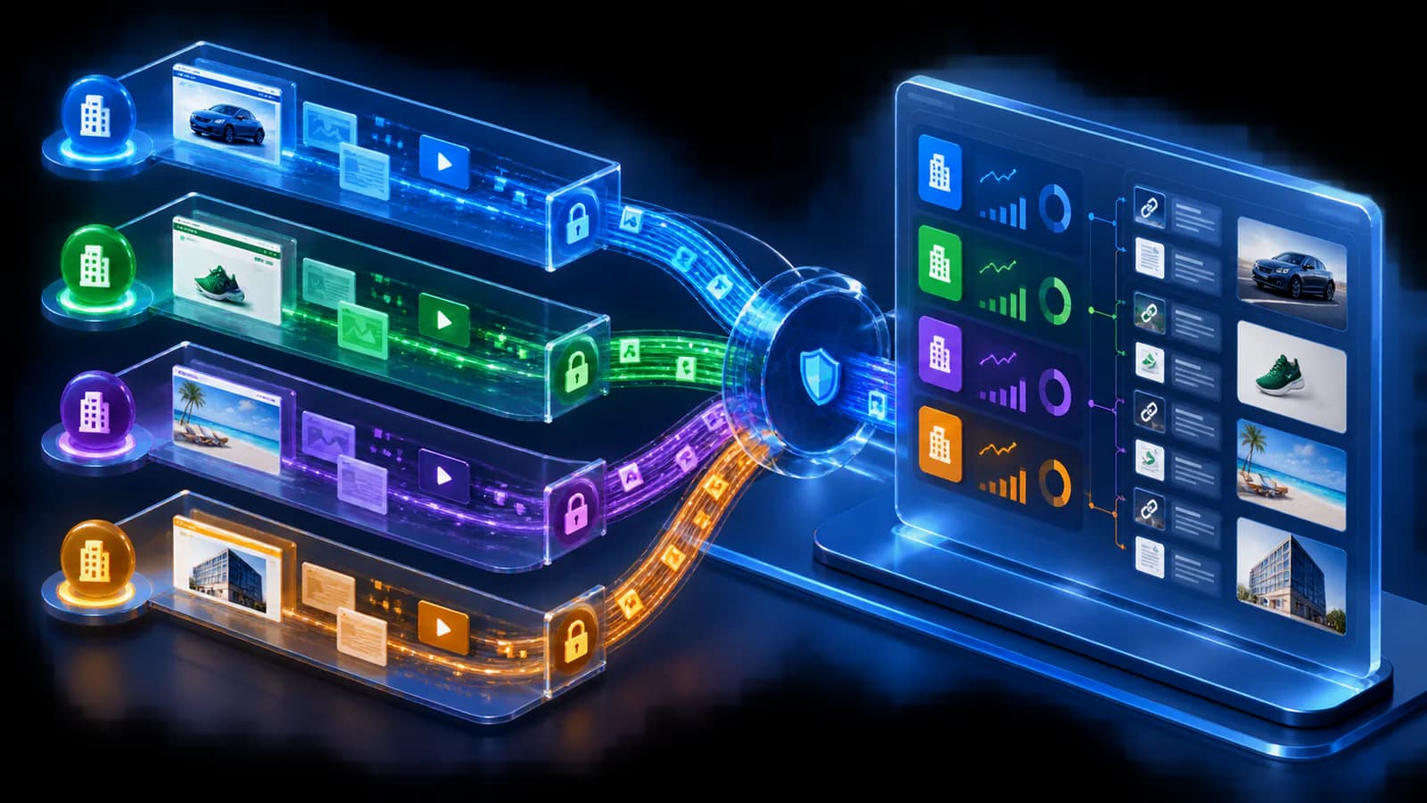 Isolated client evidence lanes feeding a governed agency reporting surface without crossing account boundaries.