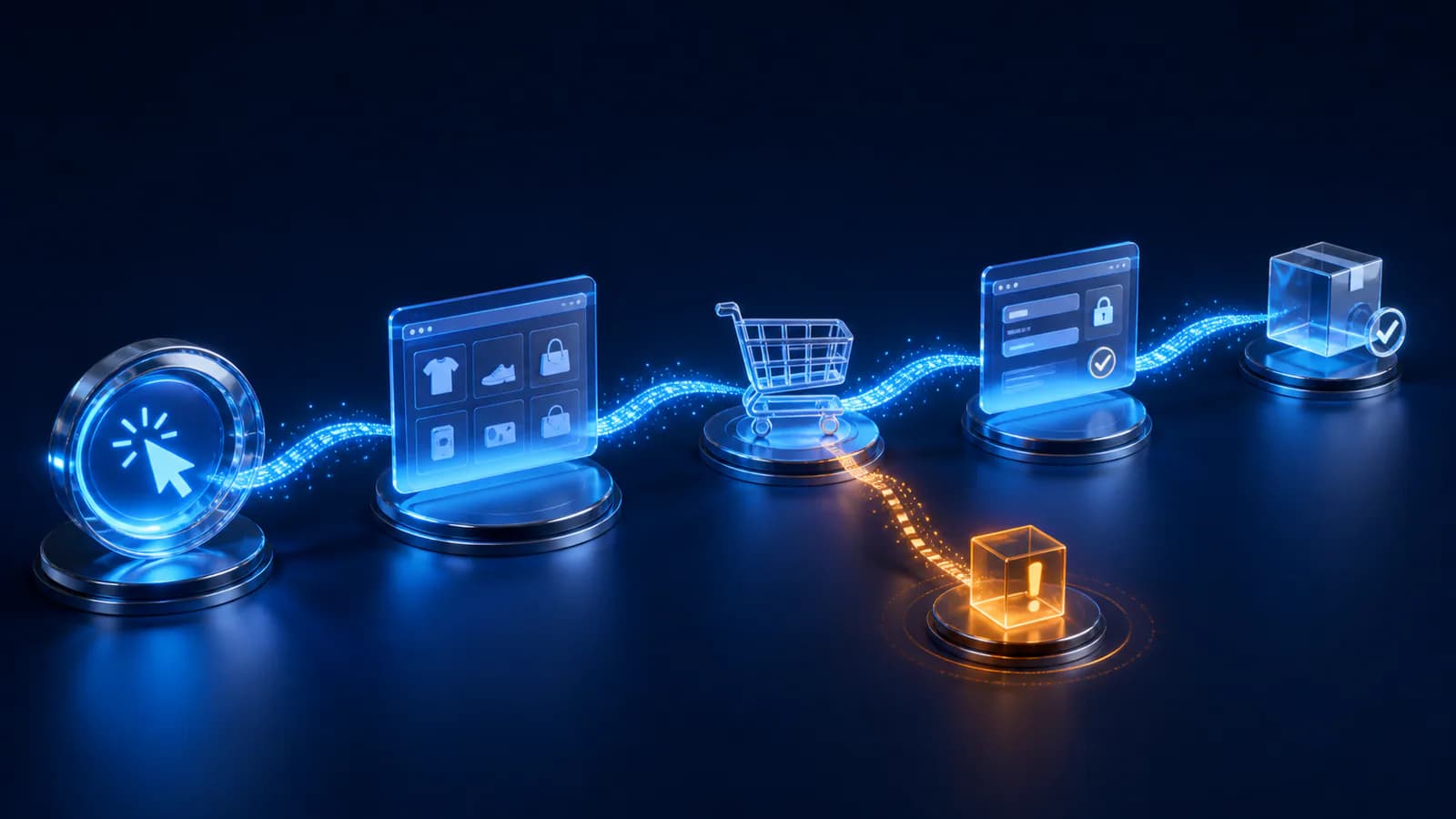 An ecommerce journey connecting a paid click, product browsing, cart, checkout, and order evidence.