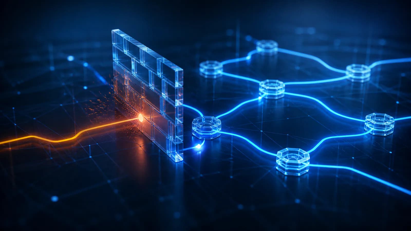 A network-address barrier stopping one path while legitimate traffic routes through shared and changing network nodes.