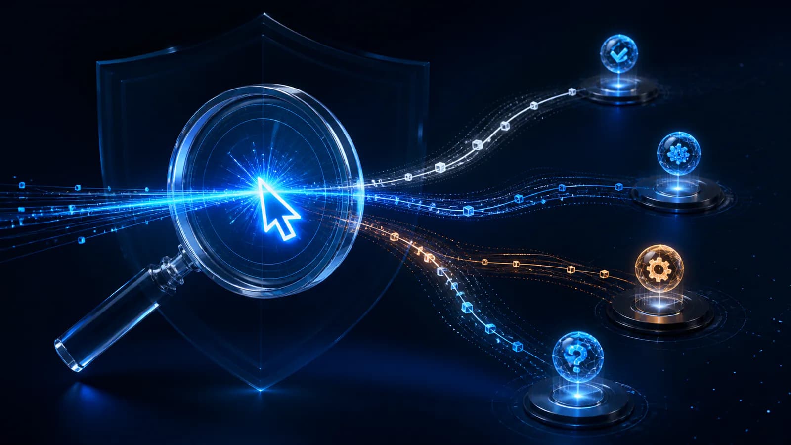 A luminous advertising click passing through an evidence lens into legitimate, suspicious, automated, and unknown traffic paths.