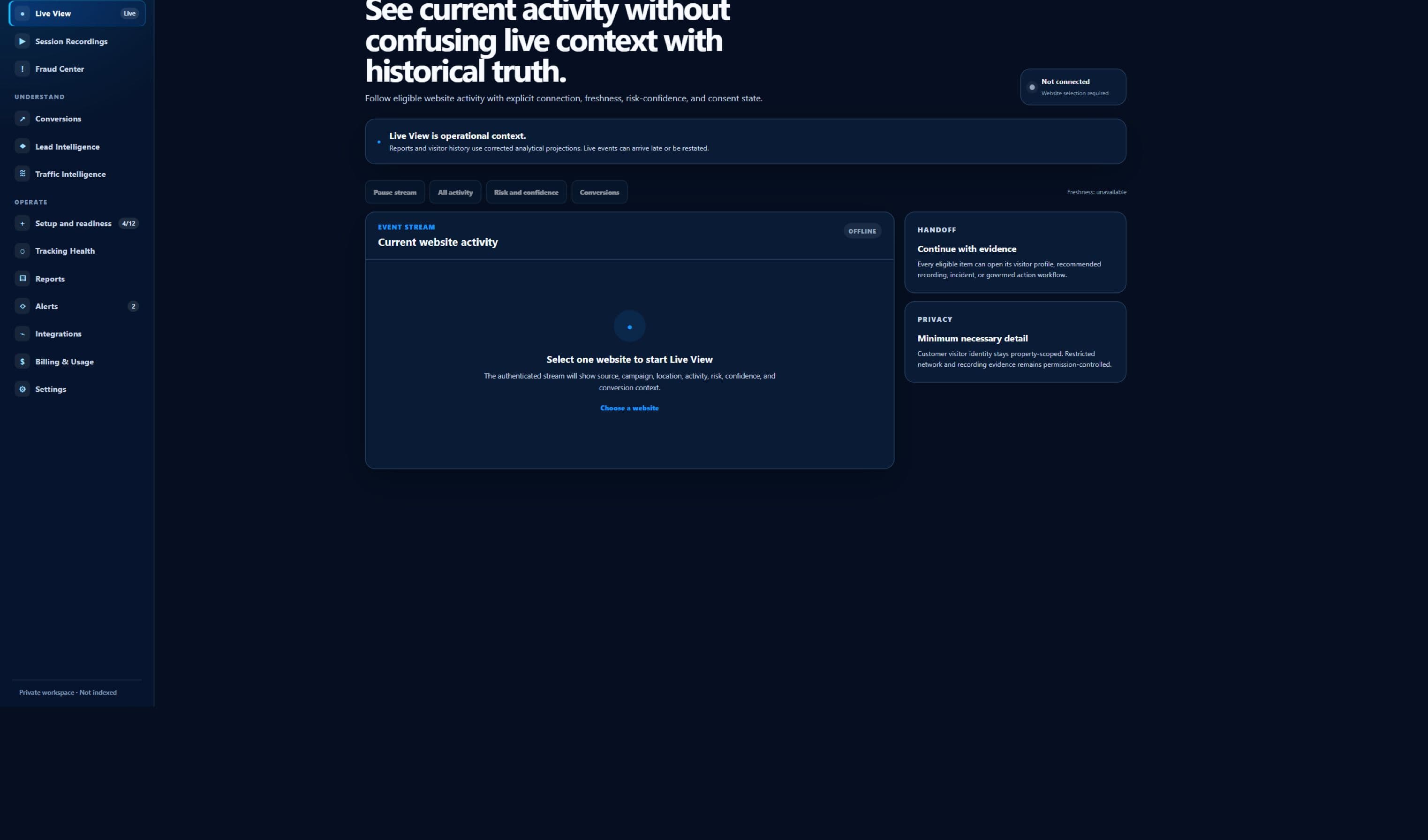 Sanitized ClickGuardIQ Live View interface showing its current setup state.