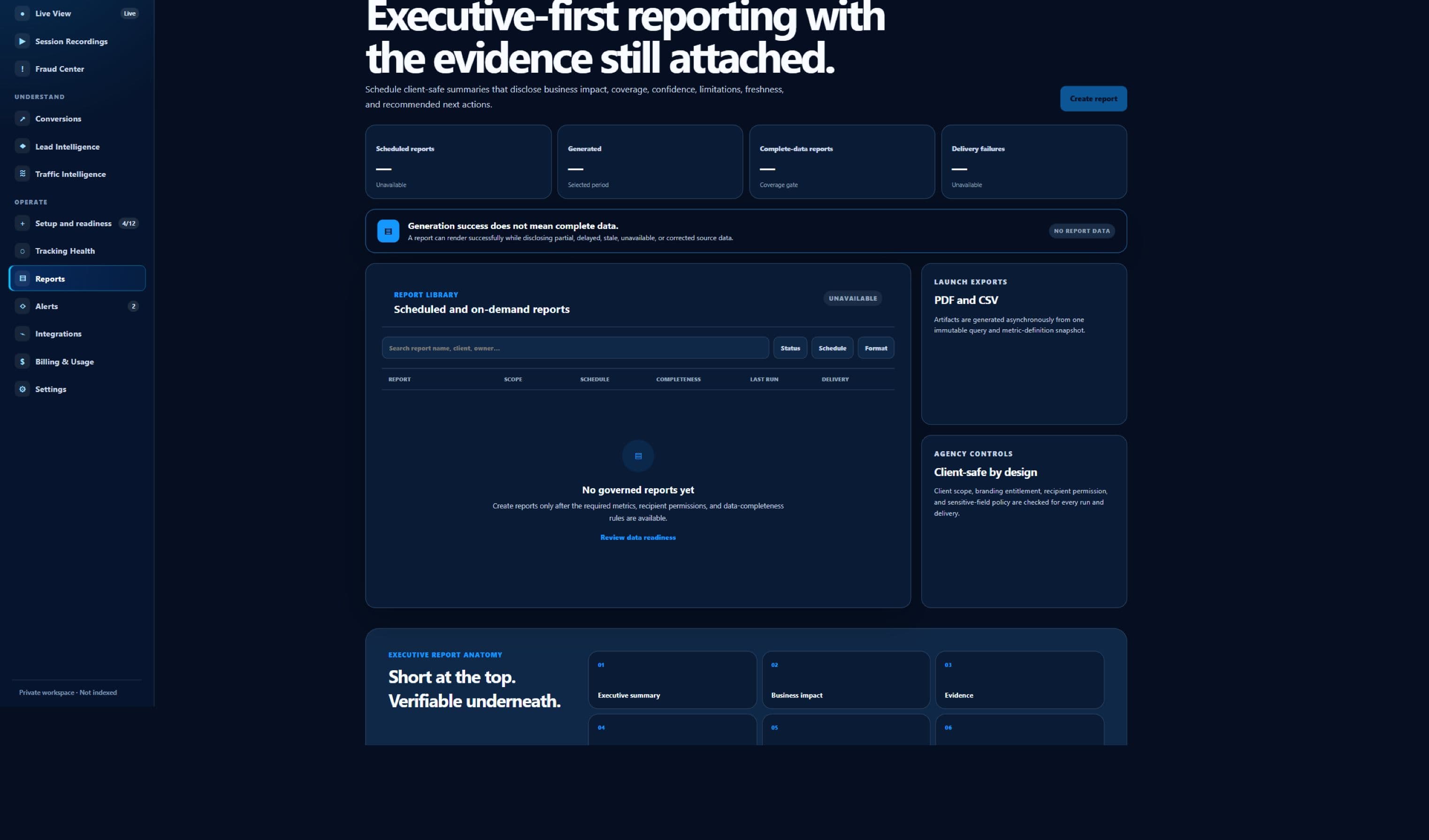 Sanitized ClickGuardIQ Reports workspace showing the current report-readiness state.