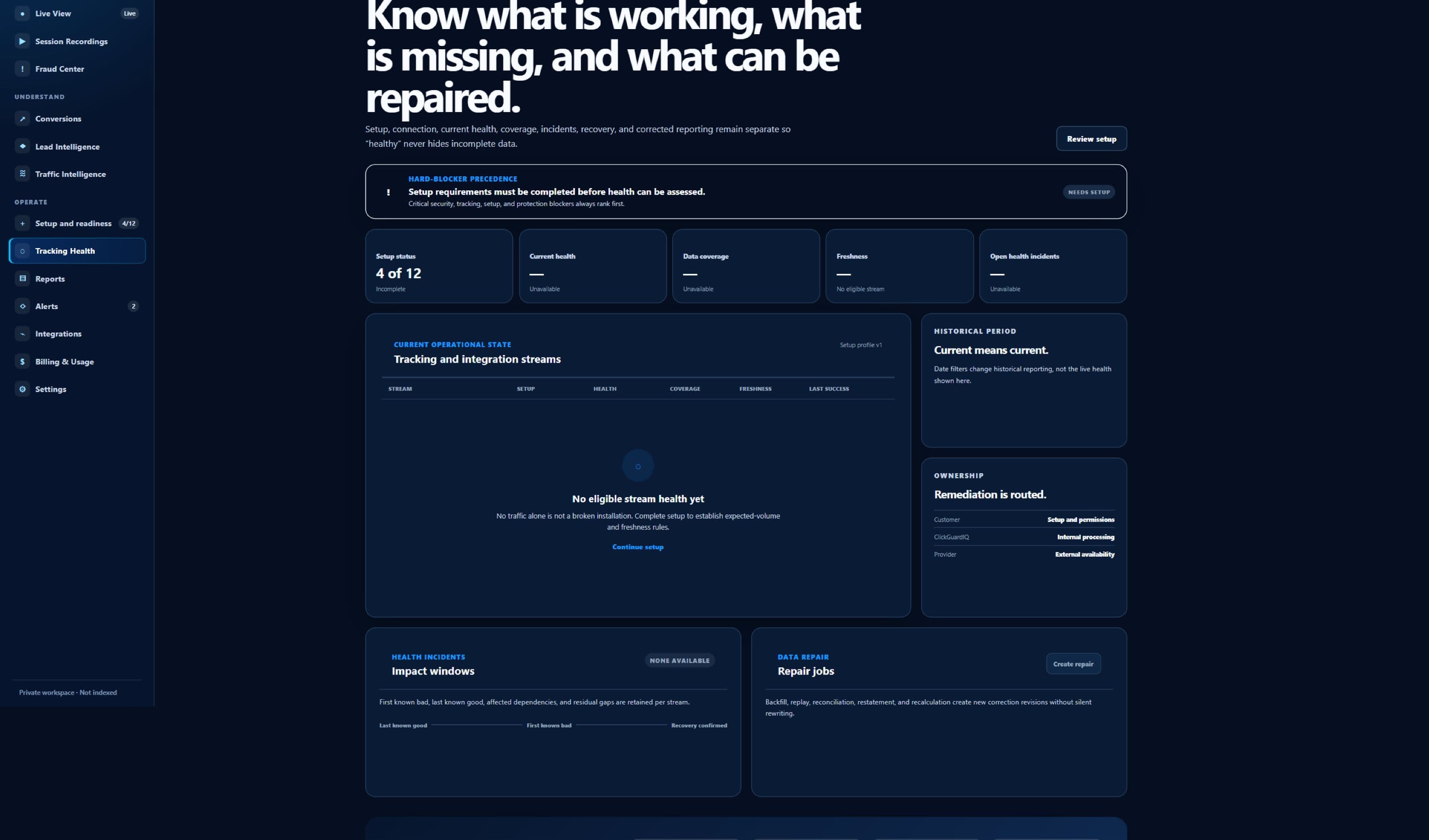 Sanitized ClickGuardIQ Tracking Health workspace showing its current diagnostics state.