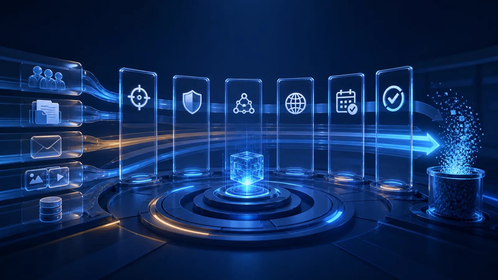 Separated data categories moving through purpose, security, retention, rights, and deletion controls.