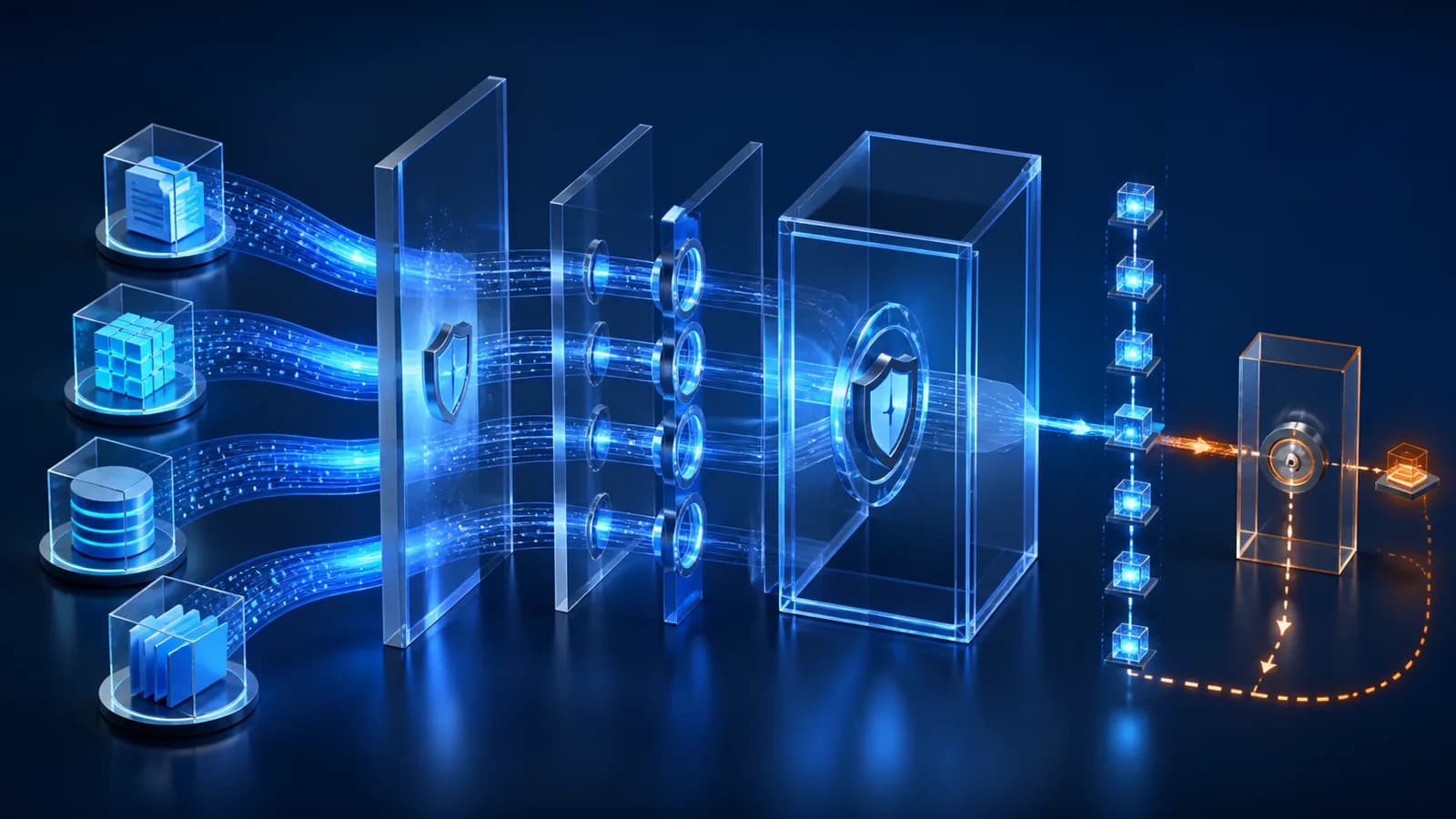 Layered blue security boundaries protecting separate evidence streams and an audited control path.