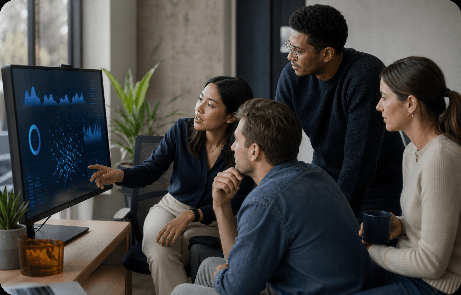 A cross-functional advertising team reviewing traffic evidence together on a privacy-safe display