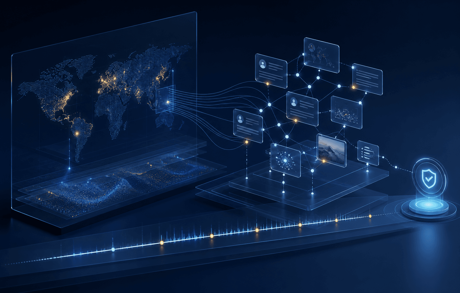 A broad traffic pattern narrowing into connected visitor evidence, provenance, and a verified state