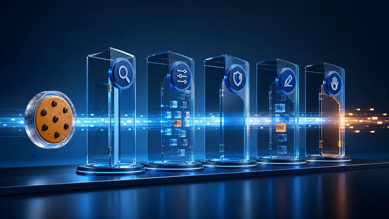 A calm browser storage symbol passing through clear purpose, choice, enforcement, and withdrawal gates.